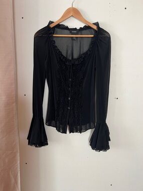 Express Black Sheer Ruffle-Front Bell Sleeve Blouse